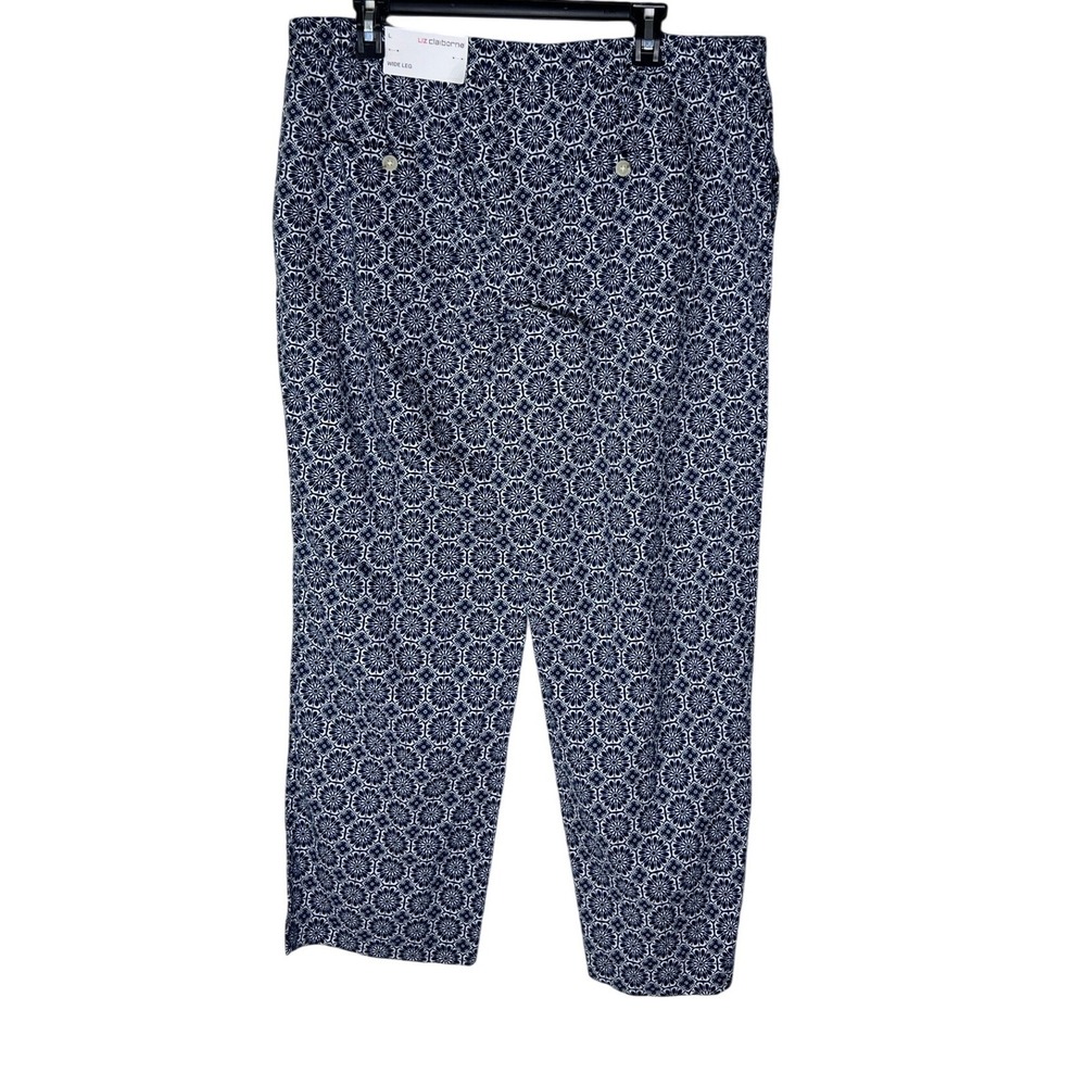 Liz Claiborne Women Large Navy Geo Linen Cotton Blend Wide Leg Cropped Pants NEW
